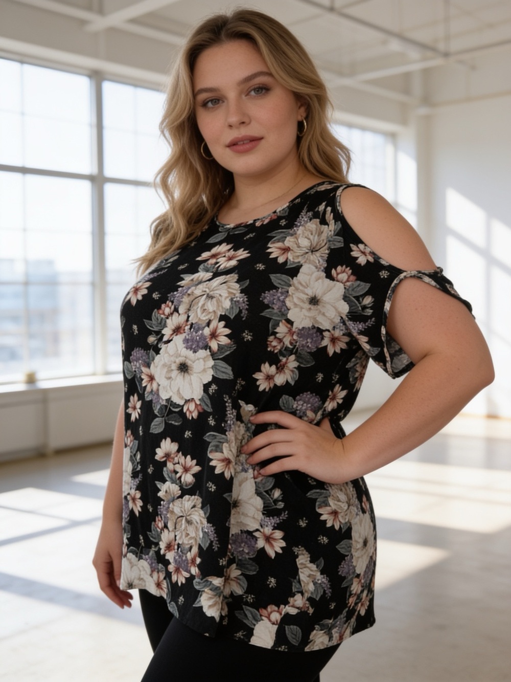 Torrid Size 0 (12/14) Black Floral Cold Shoulder Super Soft Tunic Top